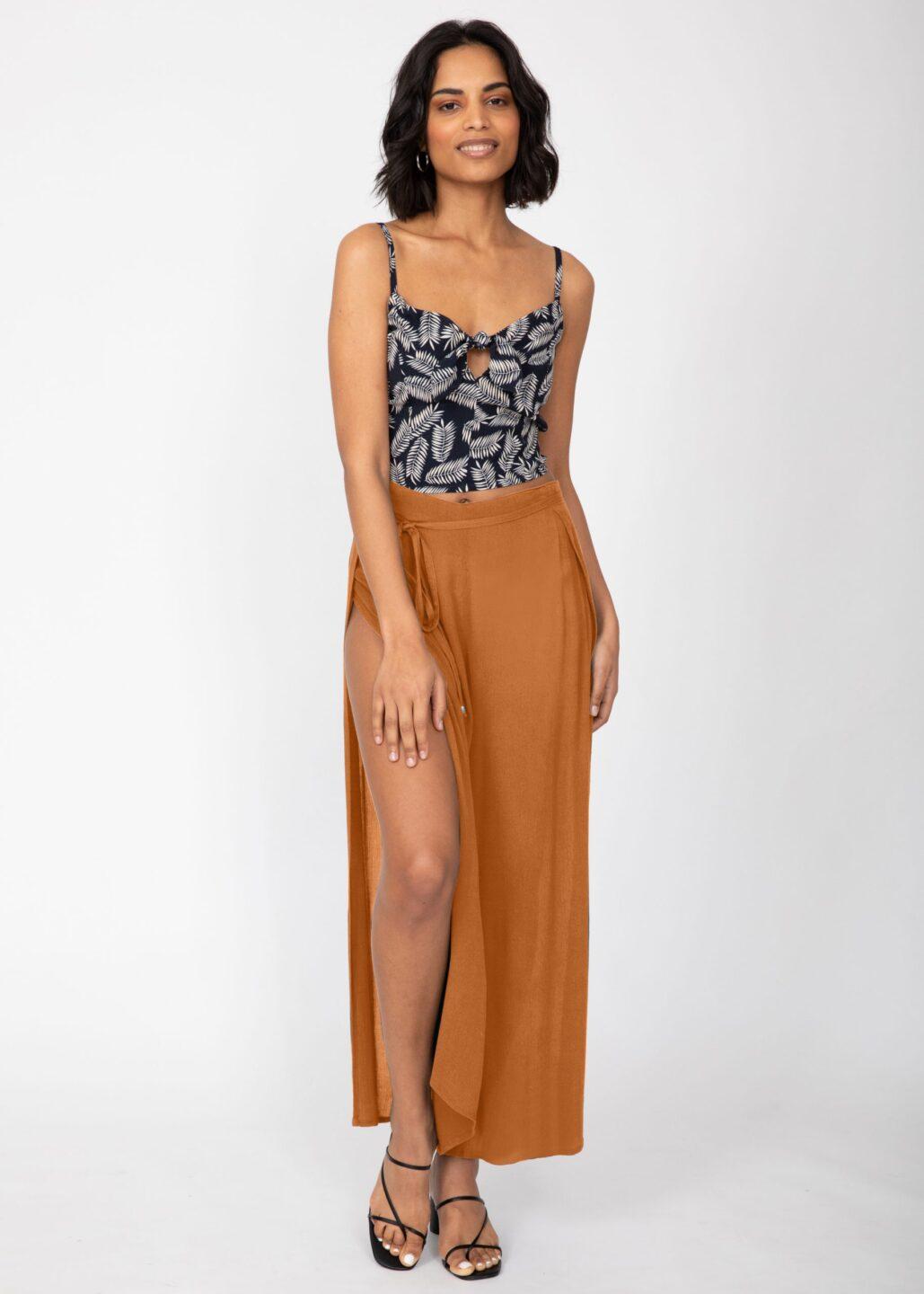 Side Split Wide Leg Relaxed Trousers in Caramel - likemary