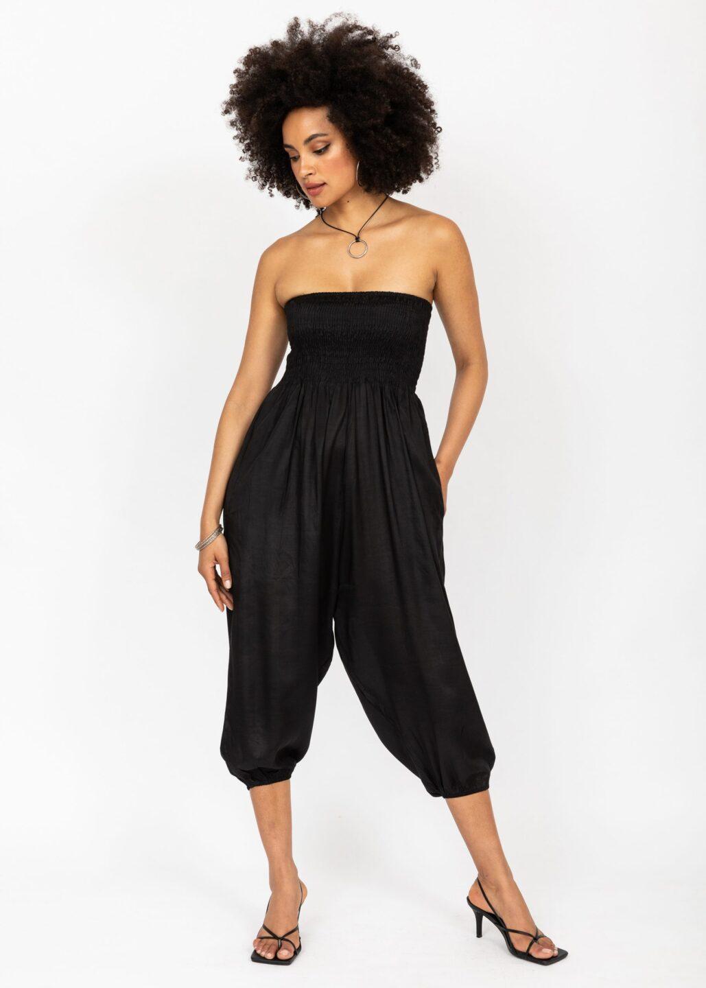 Silk Look Convertible Harem Trouser and Capri Jumpsuit Black - likemary