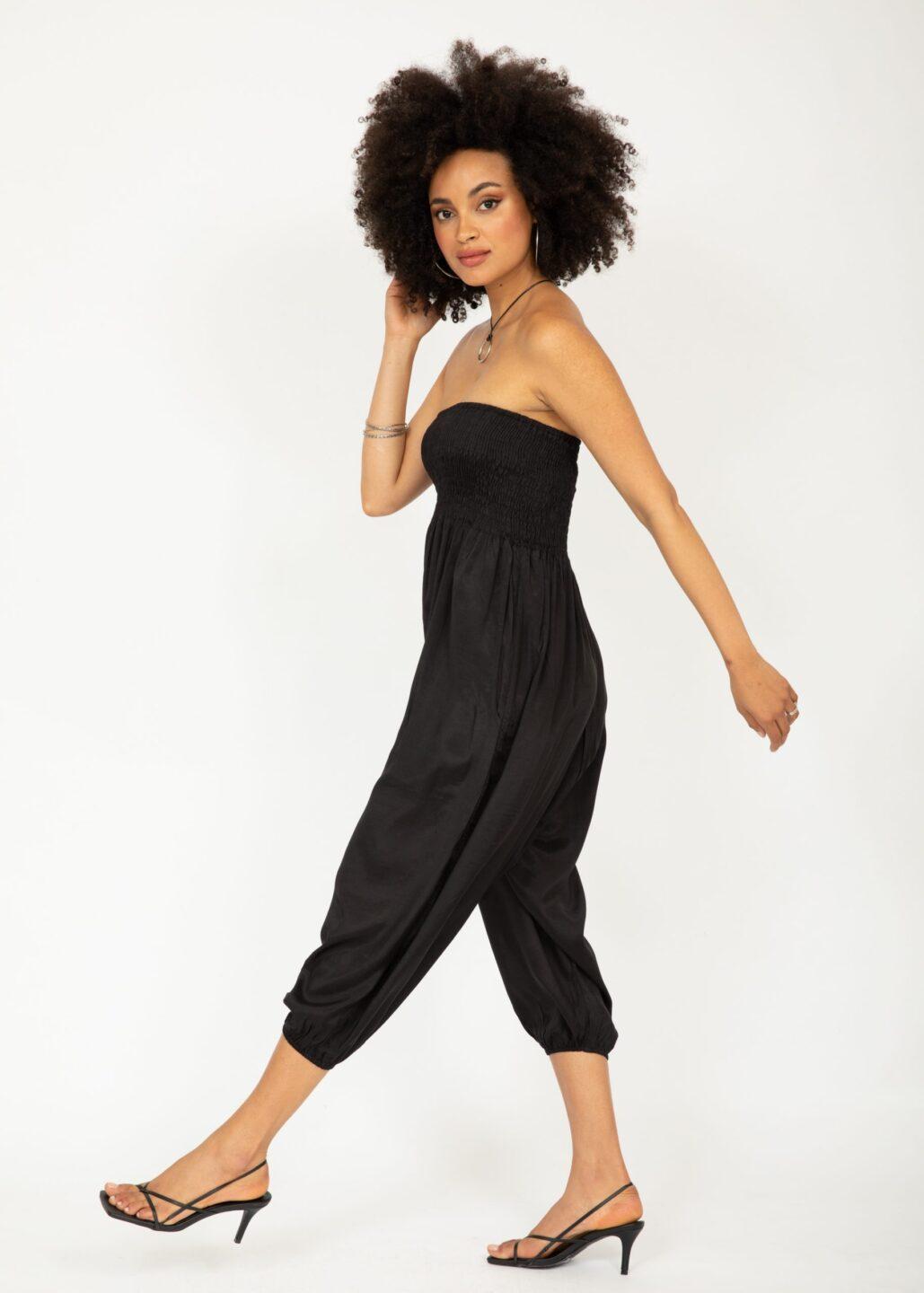 Silk Look Convertible Harem Trouser and Capri Jumpsuit Black - likemary