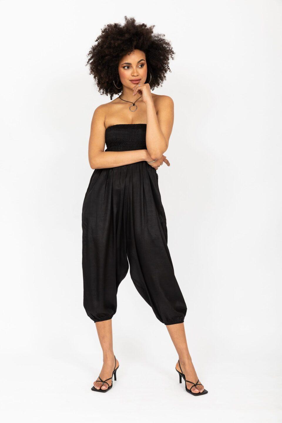 Silk Look Convertible Harem Trouser and Capri Jumpsuit Black - likemary