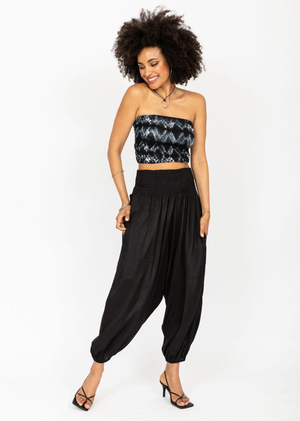 Silk Look Convertible Harem Trouser and Capri Jumpsuit Black - likemary