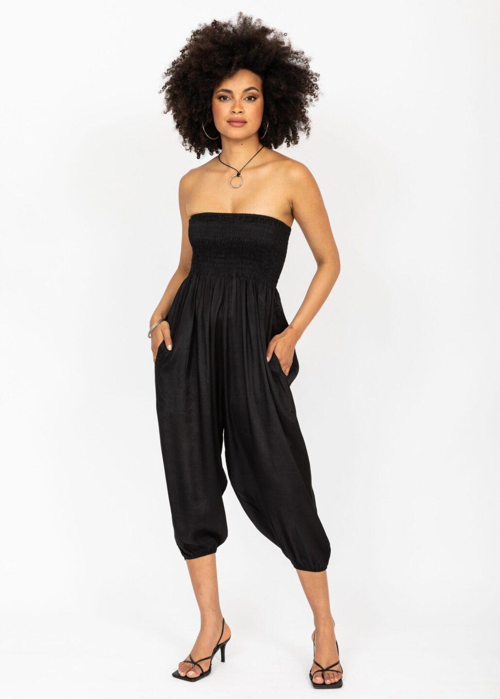 Silk Look Convertible Harem Trouser and Capri Jumpsuit Black - likemary