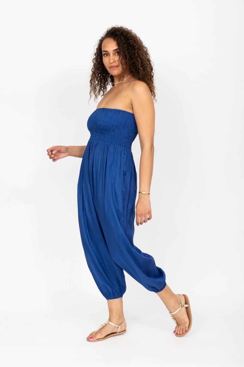 Silk Look Convertible Harem Trouser and Capri Jumpsuit Cobalt - likemary