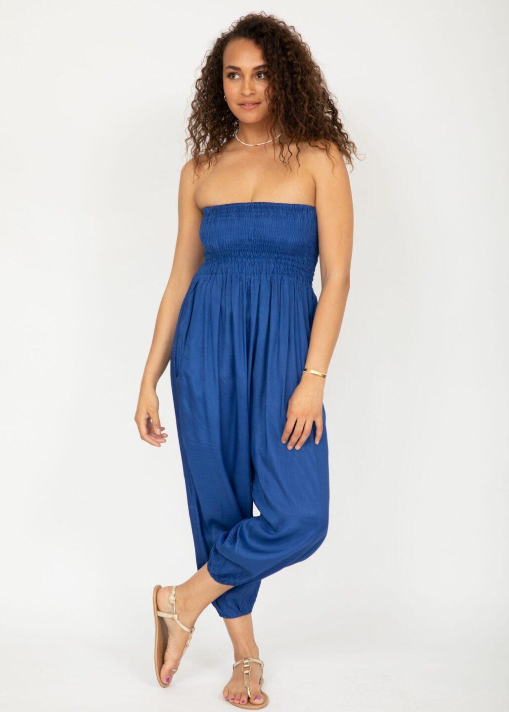 Silk Look Convertible Harem Trouser and Capri Jumpsuit Cobalt - likemary