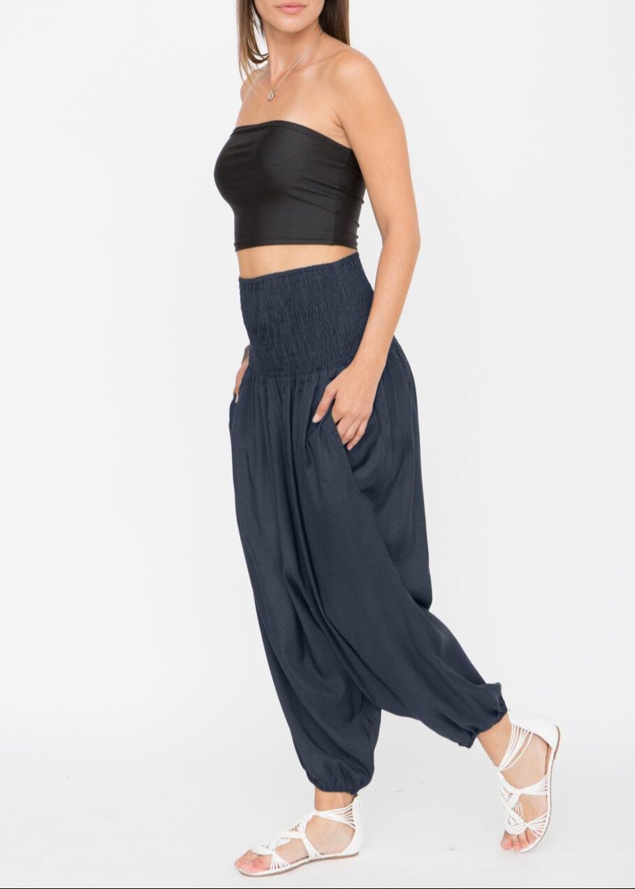 Silk Look Convertible Harem Trouser and Capri Jumpsuit Midnight Blue - likemary