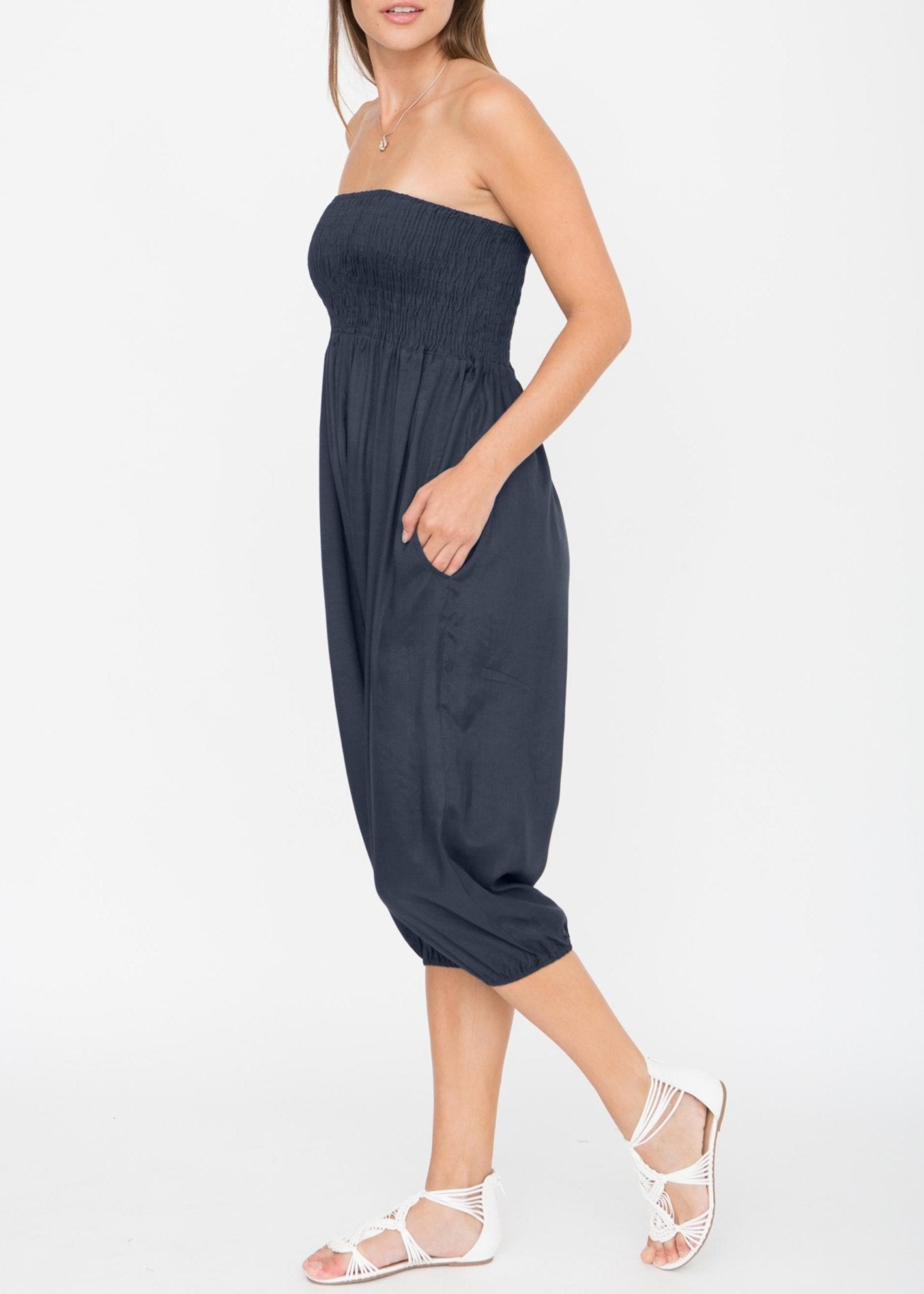 Silk Look Convertible Harem Trouser and Capri Jumpsuit Midnight Blue - likemary