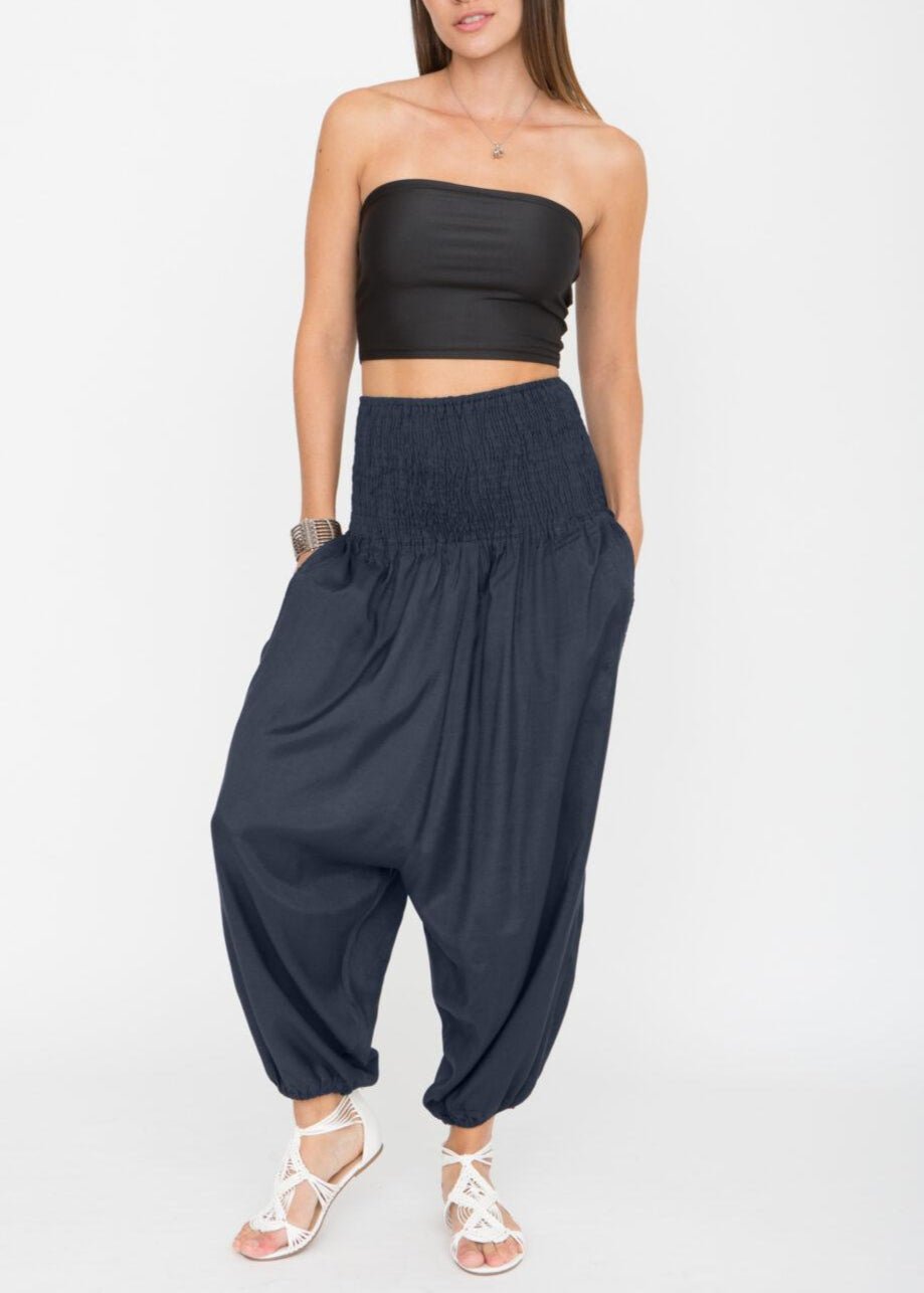 Silk Look Convertible Harem Trouser and Capri Jumpsuit Midnight Blue - likemary