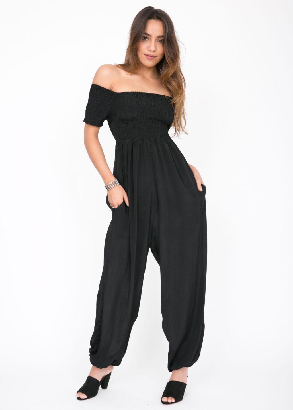 Silk Look Off Shoulder Harem Jumpsuit Black - likemary