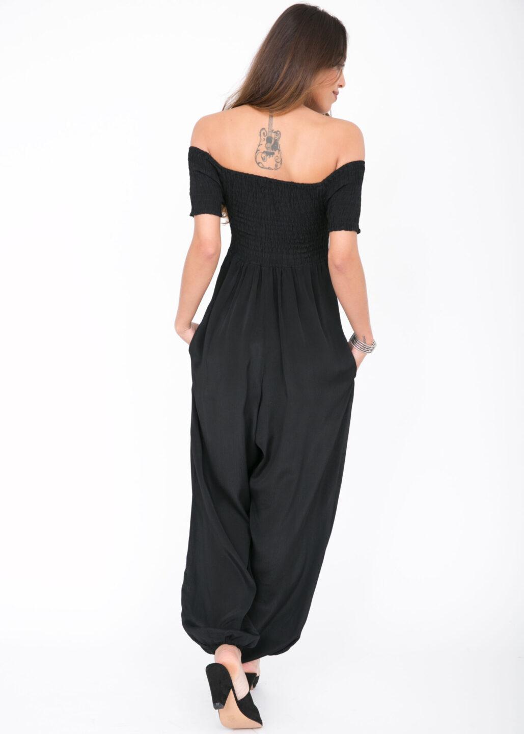 Silk Look Off Shoulder Harem Jumpsuit Black - likemary