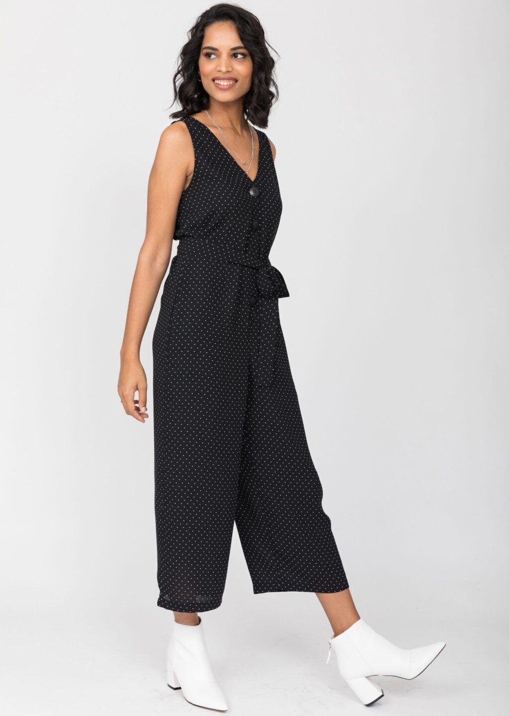 Sleeveless Jumpsuit Cropped Relaxed Romper Black Polka Dots - likemary