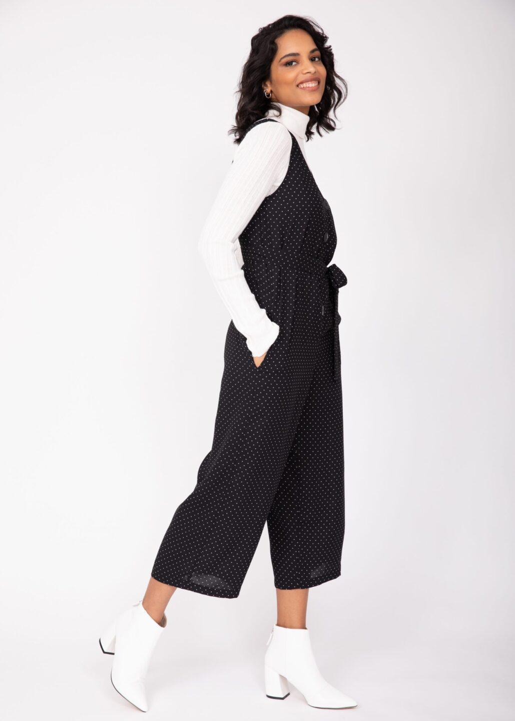 Sleeveless Jumpsuit Cropped Relaxed Romper Black Polka Dots - likemary