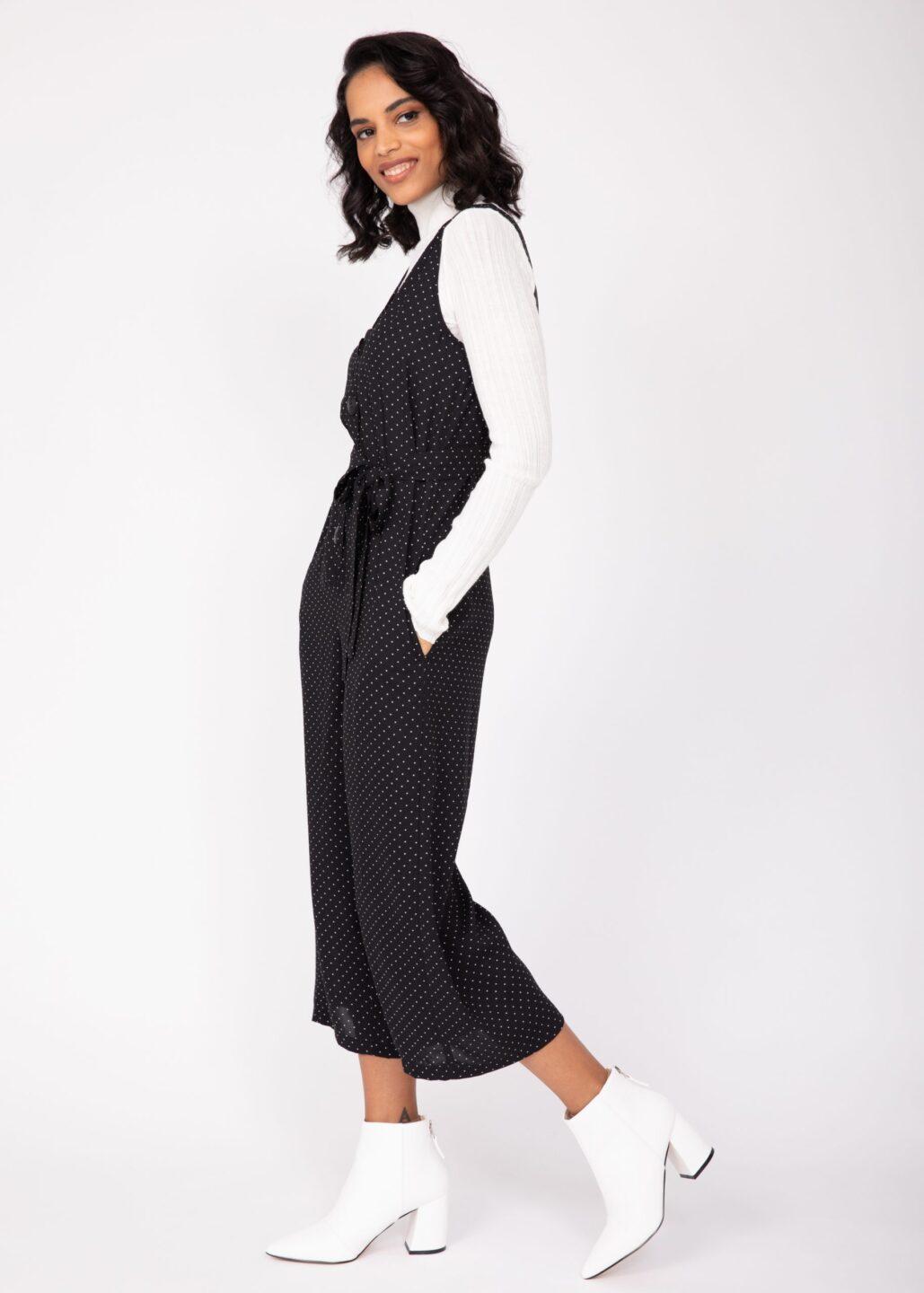 Sleeveless Jumpsuit Cropped Relaxed Romper Black Polka Dots - likemary