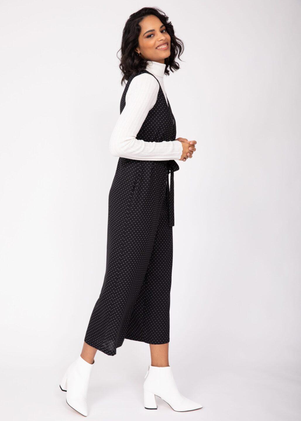 Sleeveless Jumpsuit Cropped Relaxed Romper Black Polka Dots - likemary