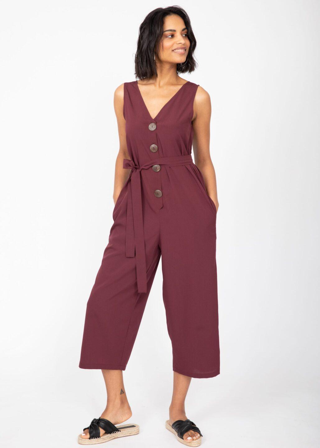 Sleeveless Jumpsuit Cropped Relaxed Romper Burgundy Red - likemary
