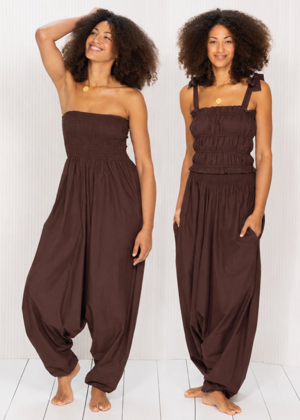 Convertible Cotton Harem Jumpsuit & Harem Pants Brown - 2-in-1 – clothing and accessories by likemary