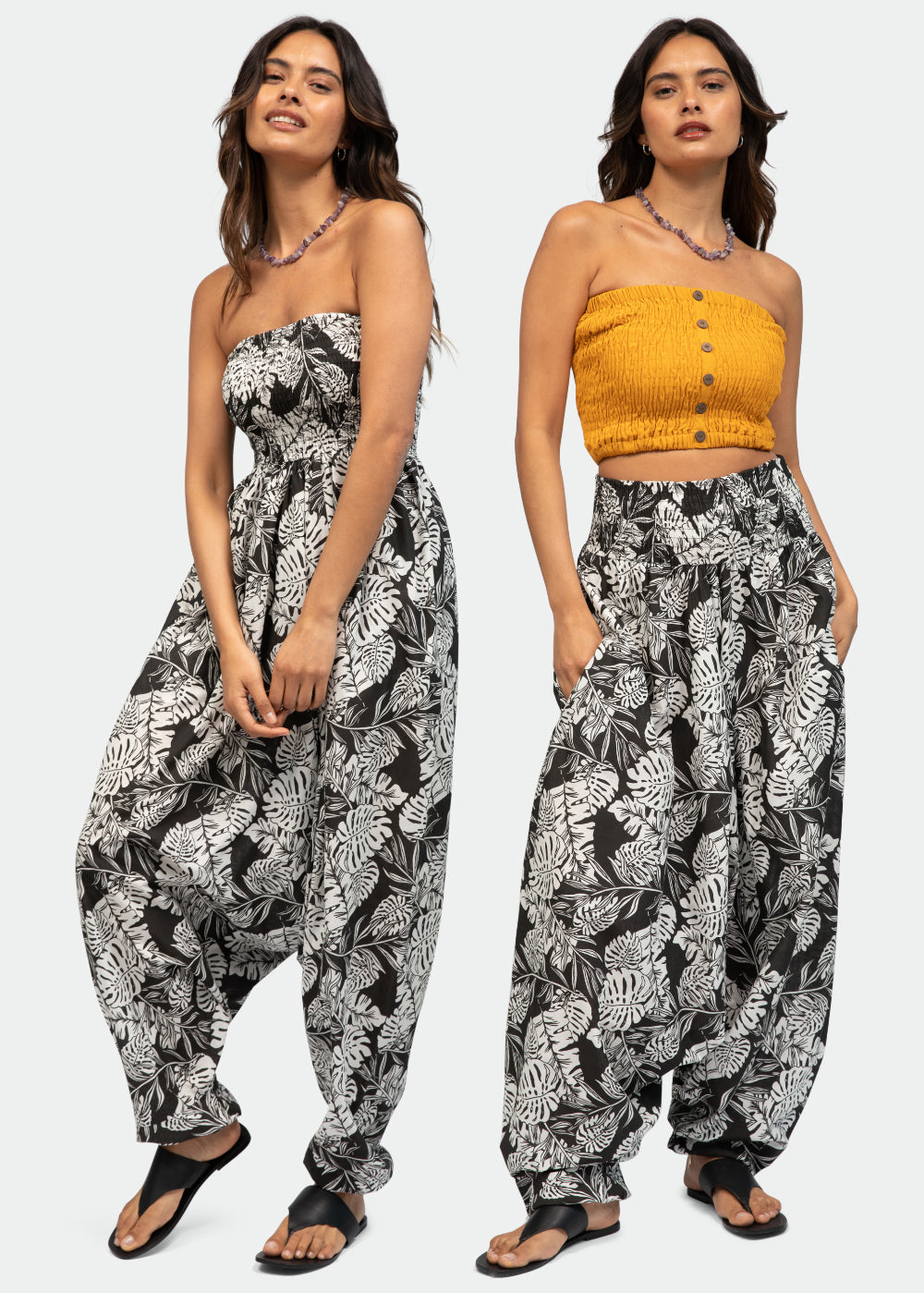 Convertible Cotton Harem Jumpsuit & Harem Pants Black & White Leaves