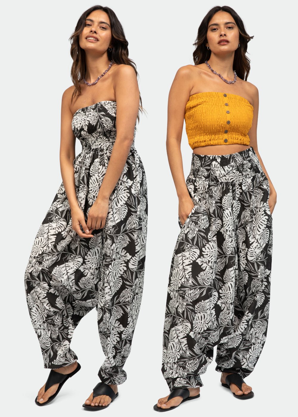 Convertible Cotton Harem Jumpsuit & Harem Pants Black & White Leaves – clothing and accessories by likemary