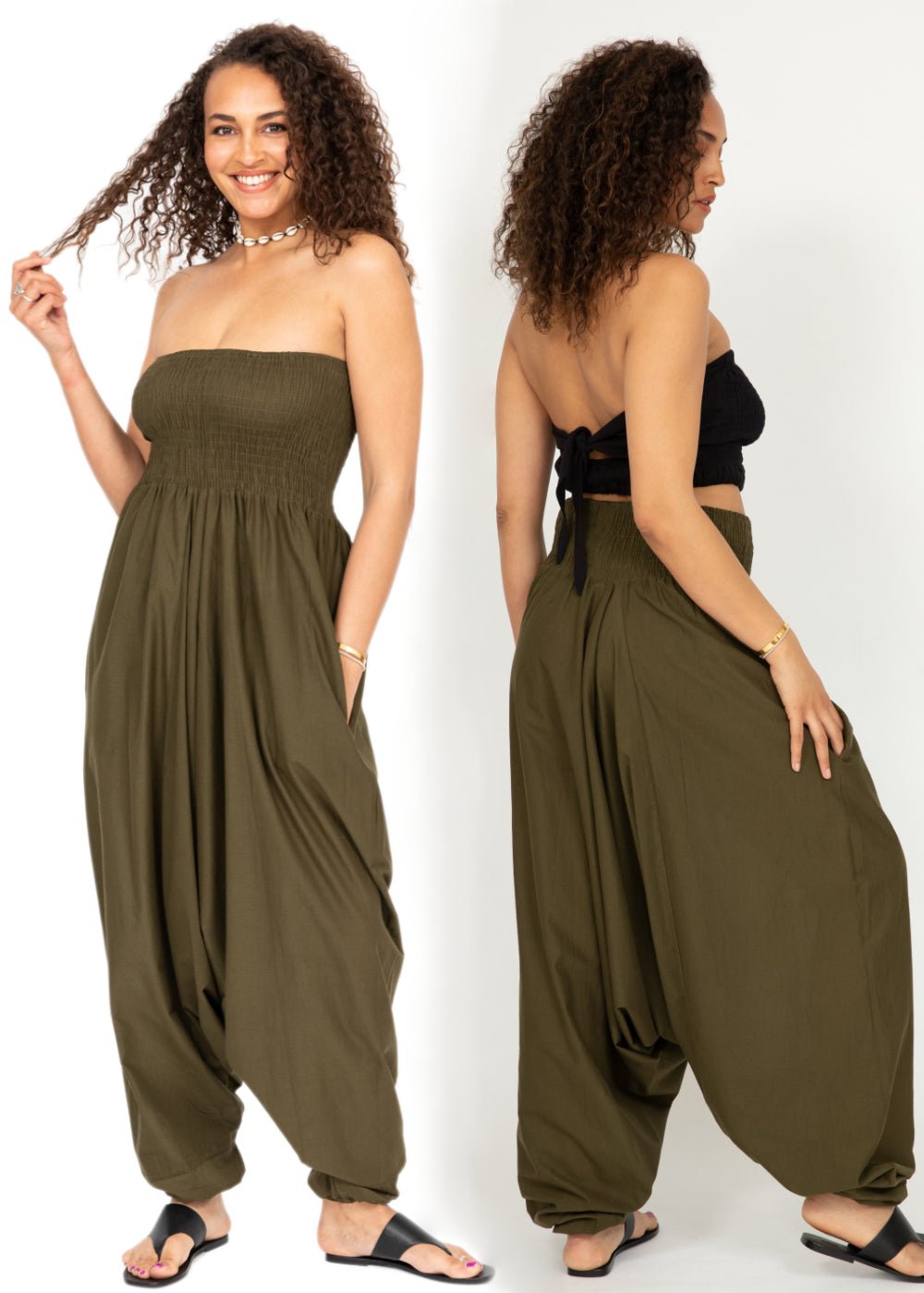 Convertible Cotton Harem Jumpsuit & Harem Pants Olive Green - 2-in-1 – clothing and accessories by likemary