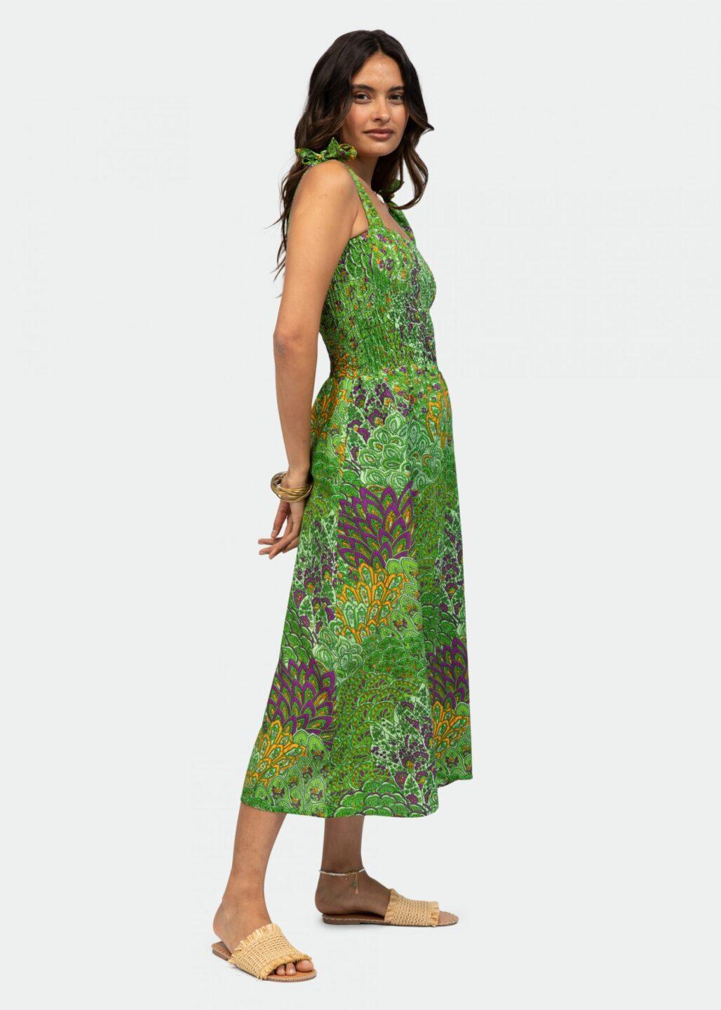 Strapless Midi Dress in Green Peacock Print - likemary