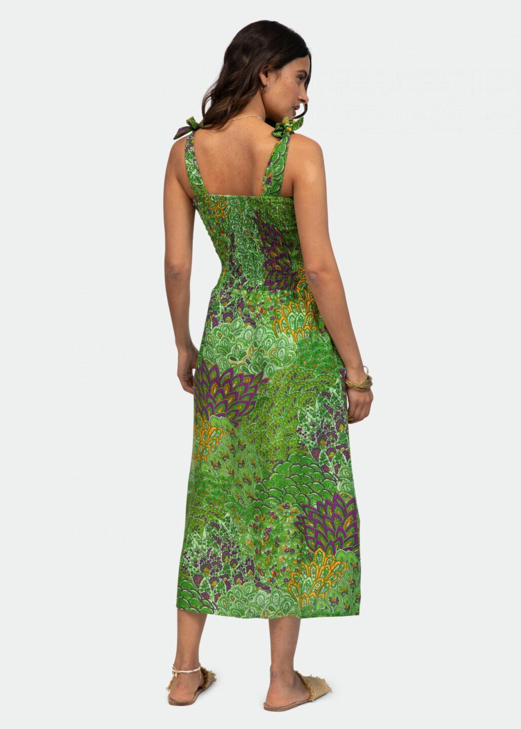 Strapless Midi Dress in Green Peacock Print - likemary