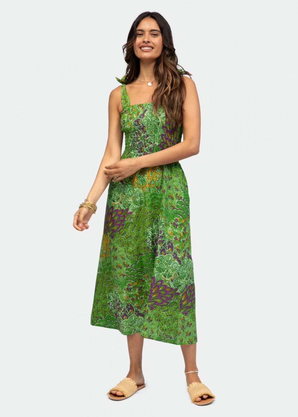 Strapless Midi Dress in Green Peacock Print - likemary