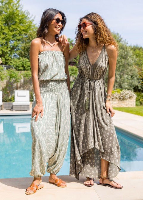 Summer Maxi Dress with Open Back & Pockets in Olive Green Print - likemary