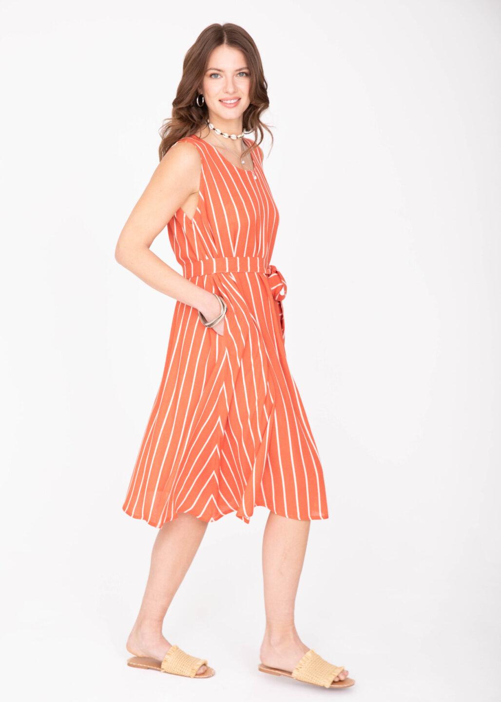 Swing Dress with Pockets & Belt in Orange Stripes - likemary