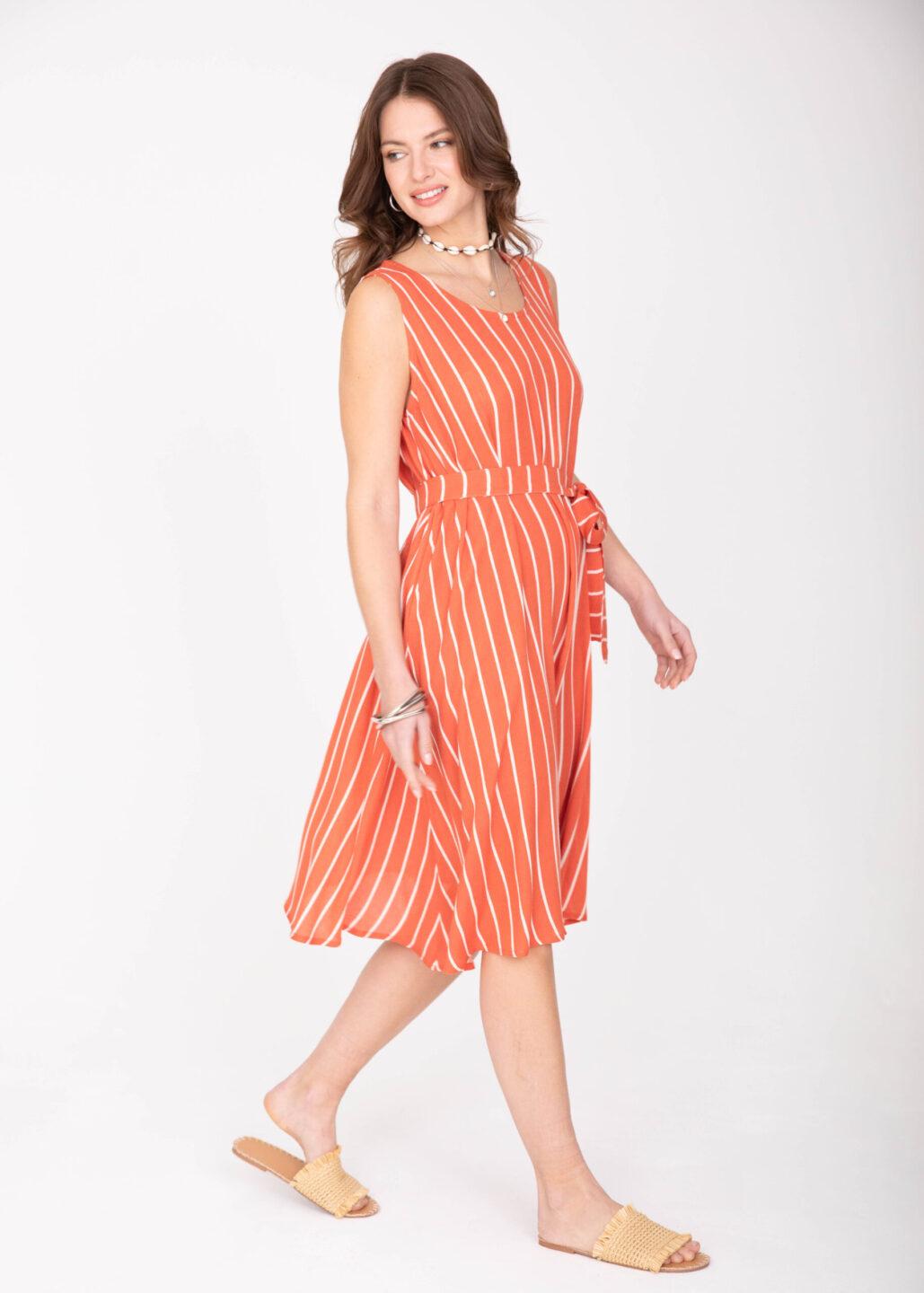 Swing Dress with Pockets & Belt in Orange Stripes - likemary