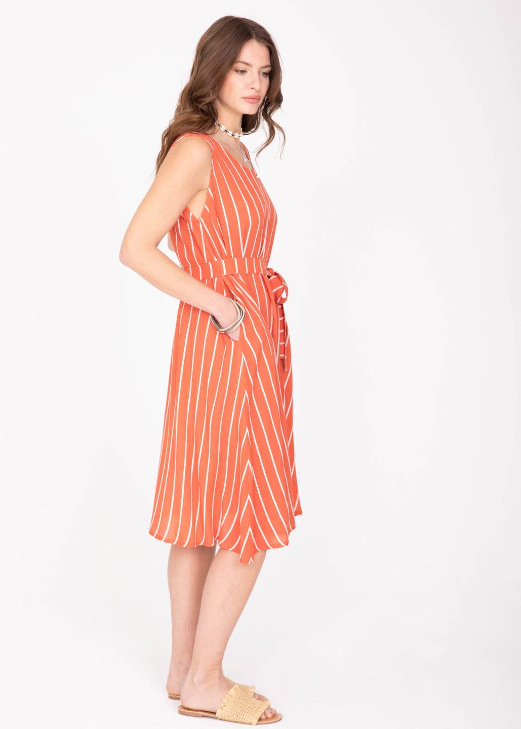 Swing Dress with Pockets & Belt in Orange Stripes - likemary