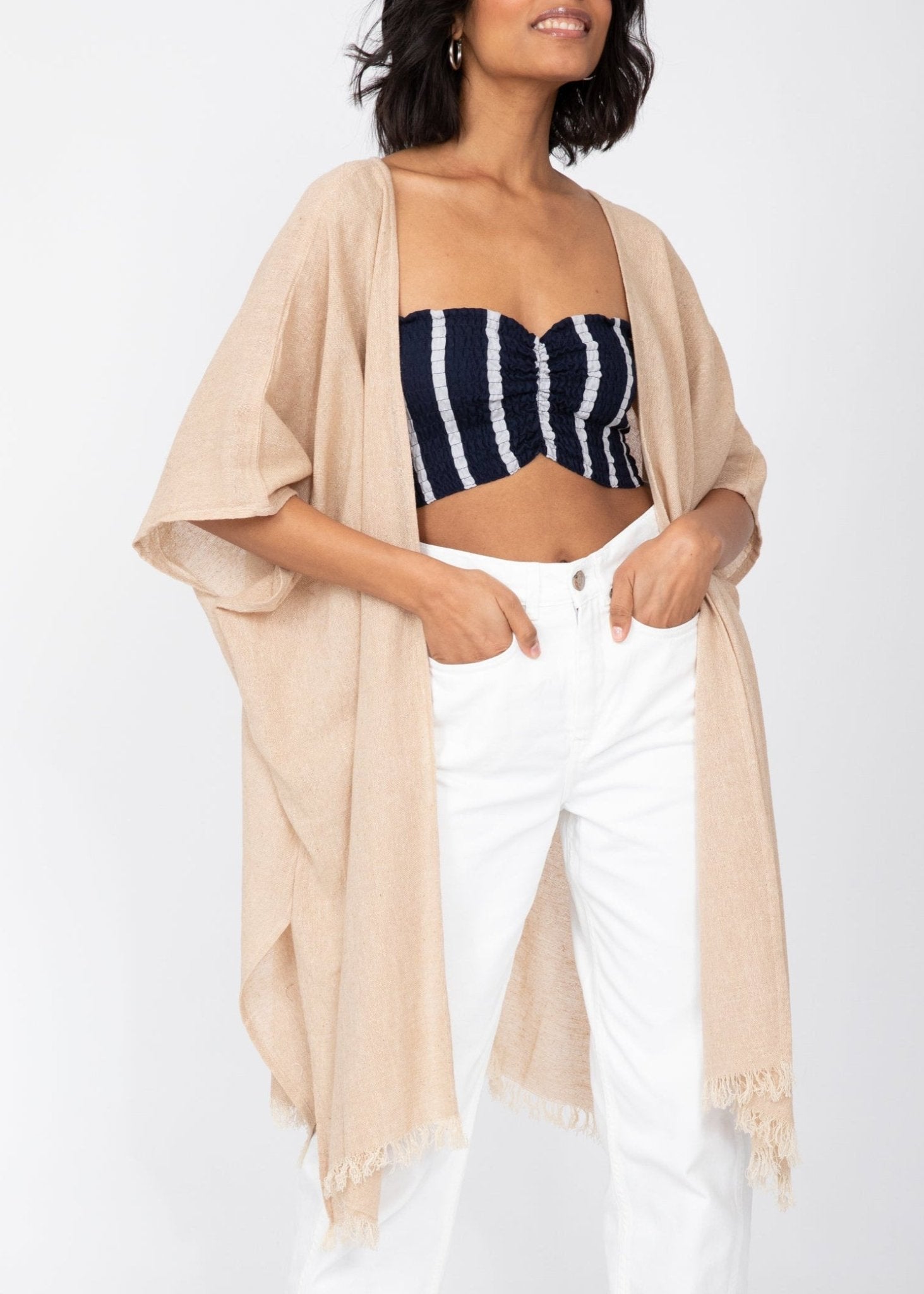 Textured Cotton Kimono Kaftan in Neutral Sand - likemary