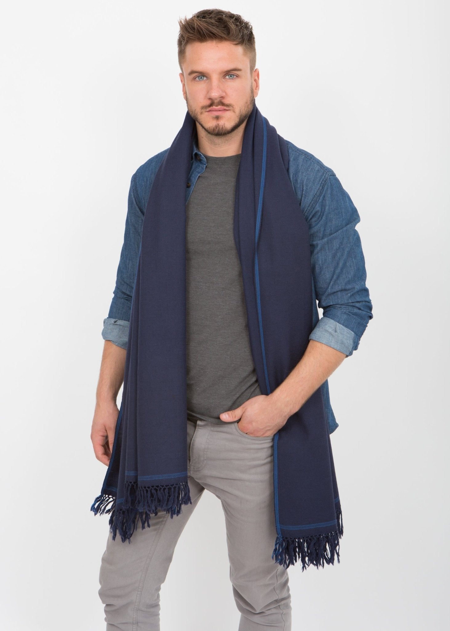 Twill Weave Merino Handwoven Oversize Scarf Navy - likemary