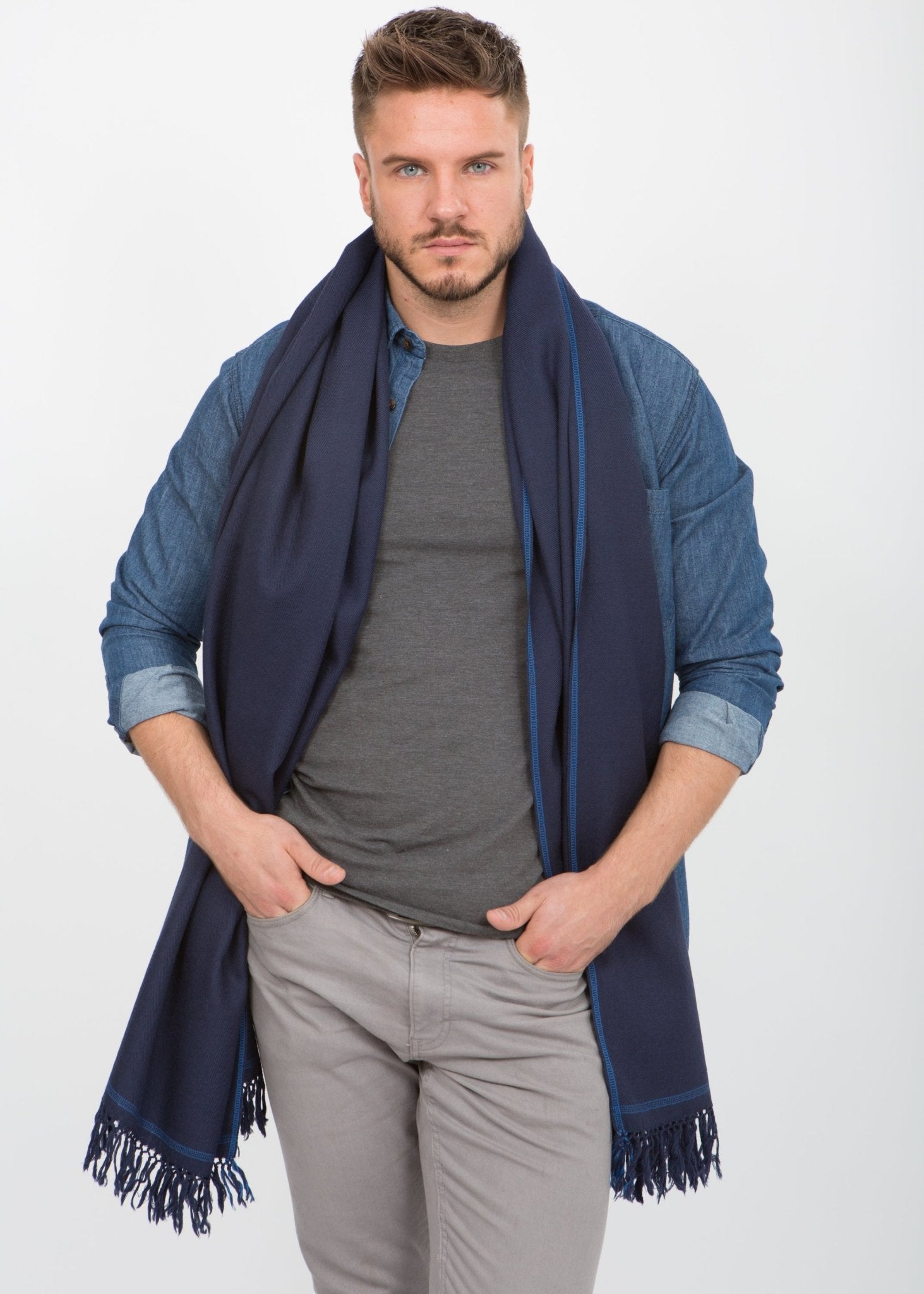 Twill Weave Merino Handwoven Oversize Scarf Navy - likemary