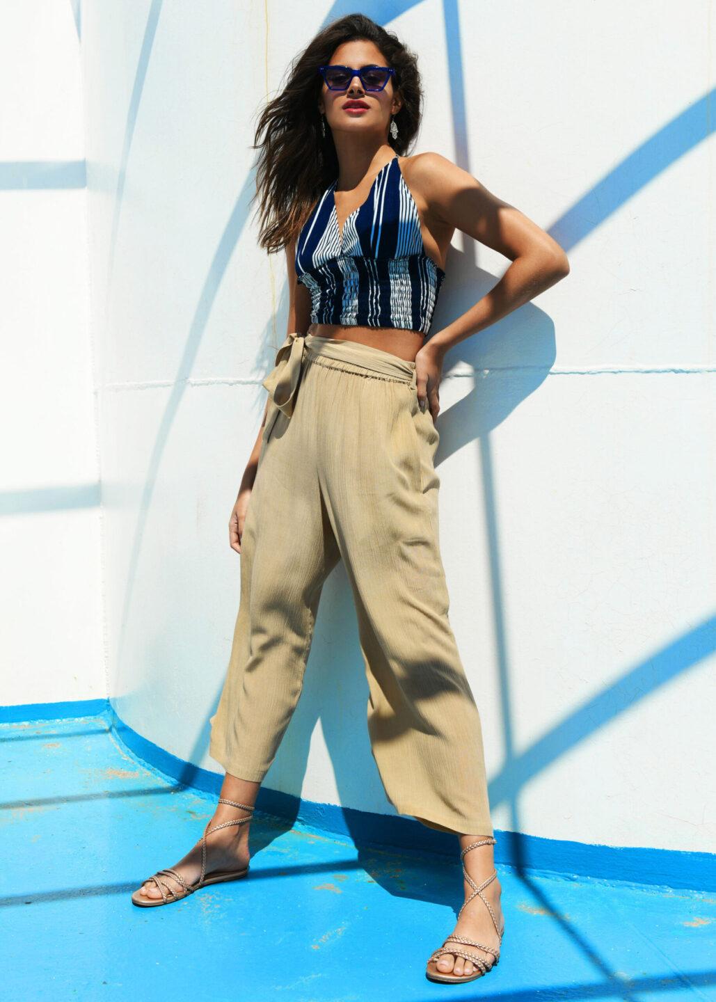 Wide Leg Crop Summer Trousers in Crinkle Bisucuit Beige - likemary