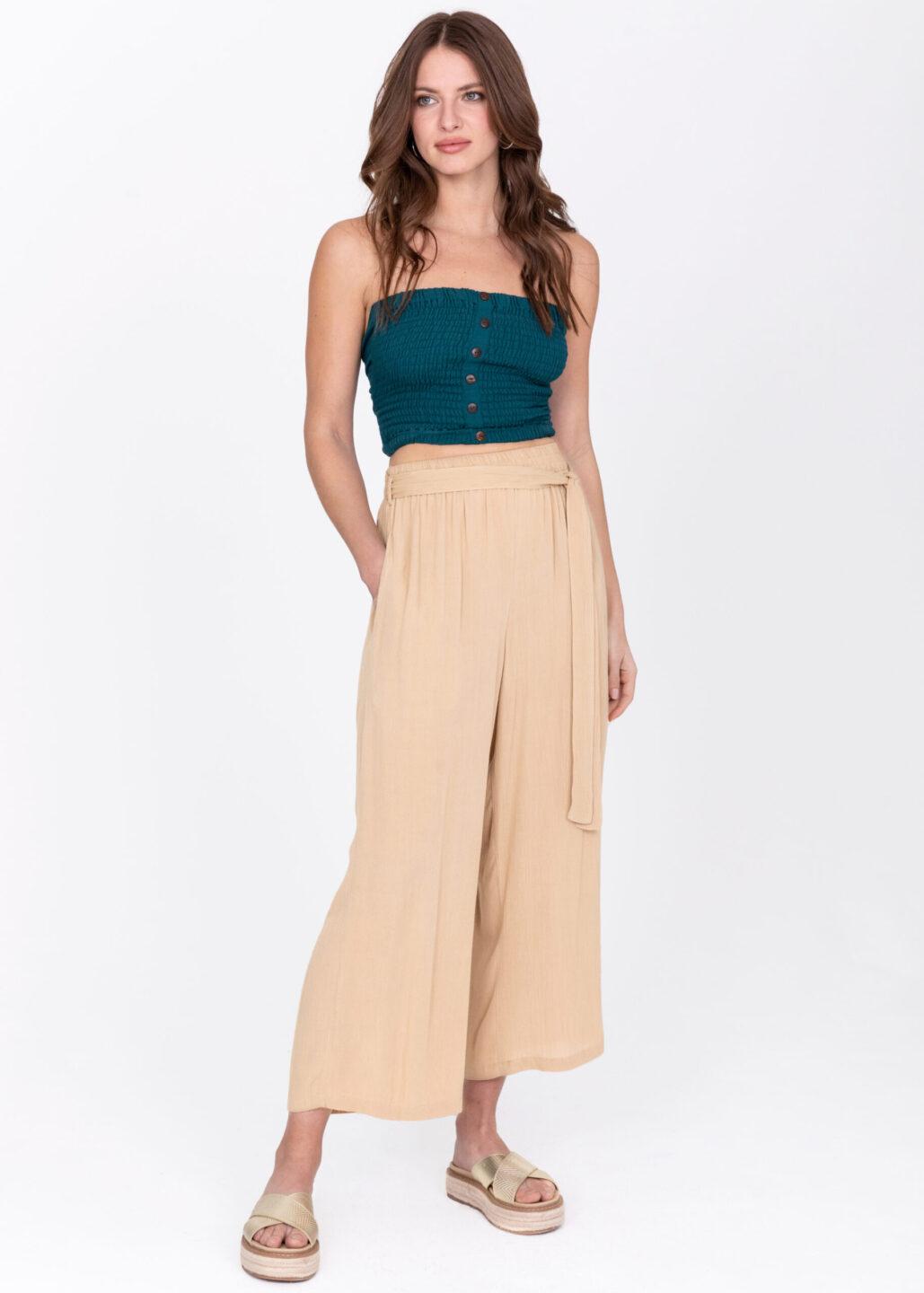Wide Leg Crop Summer Trousers in Crinkle Bisucuit Beige - likemary