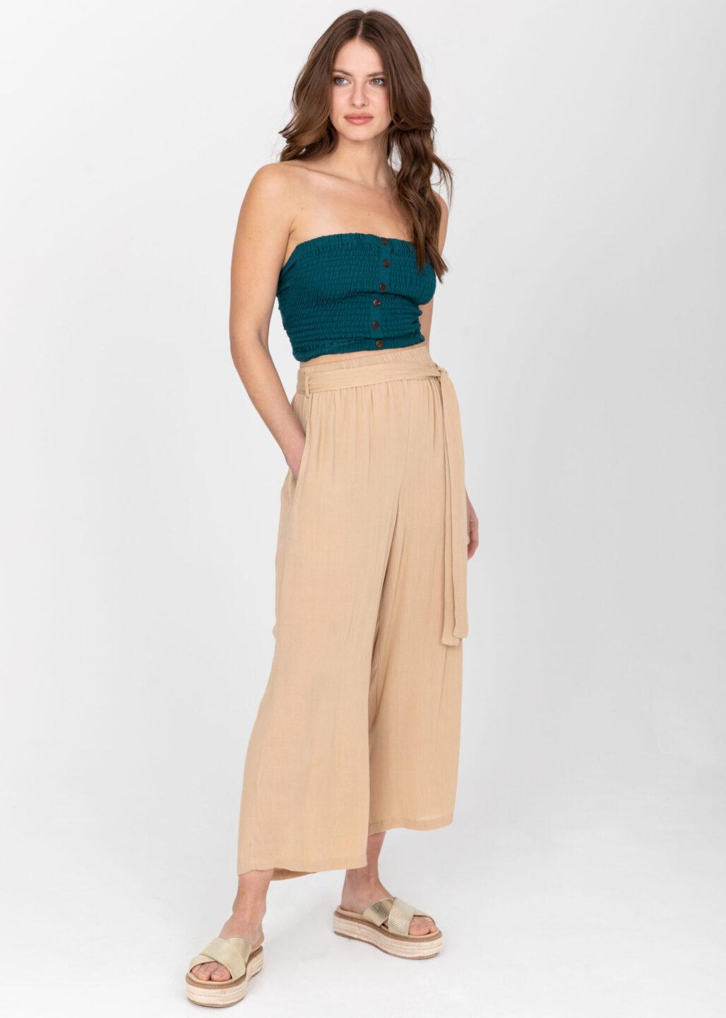 Wide Leg Crop Summer Trousers in Crinkle Bisucuit Beige - likemary
