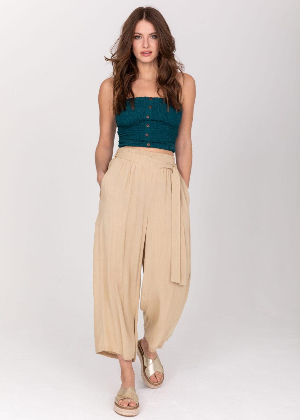 Wide Leg Crop Summer Trousers in Crinkle Bisucuit Beige - likemary