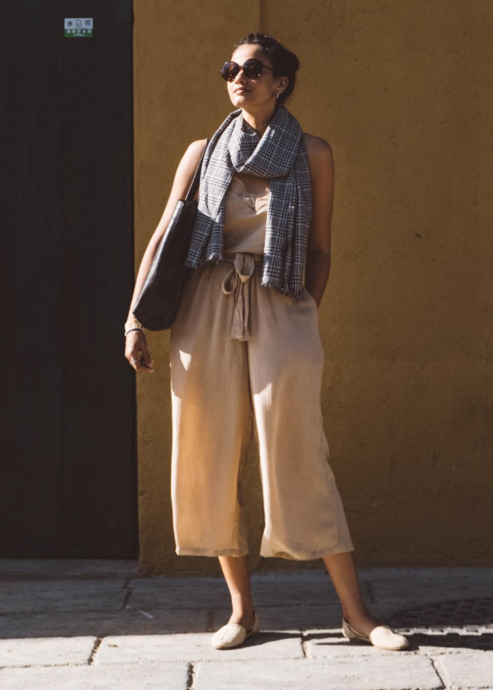 Wide Leg Crop Summer Trousers in Crinkle Bisucuit Beige - likemary