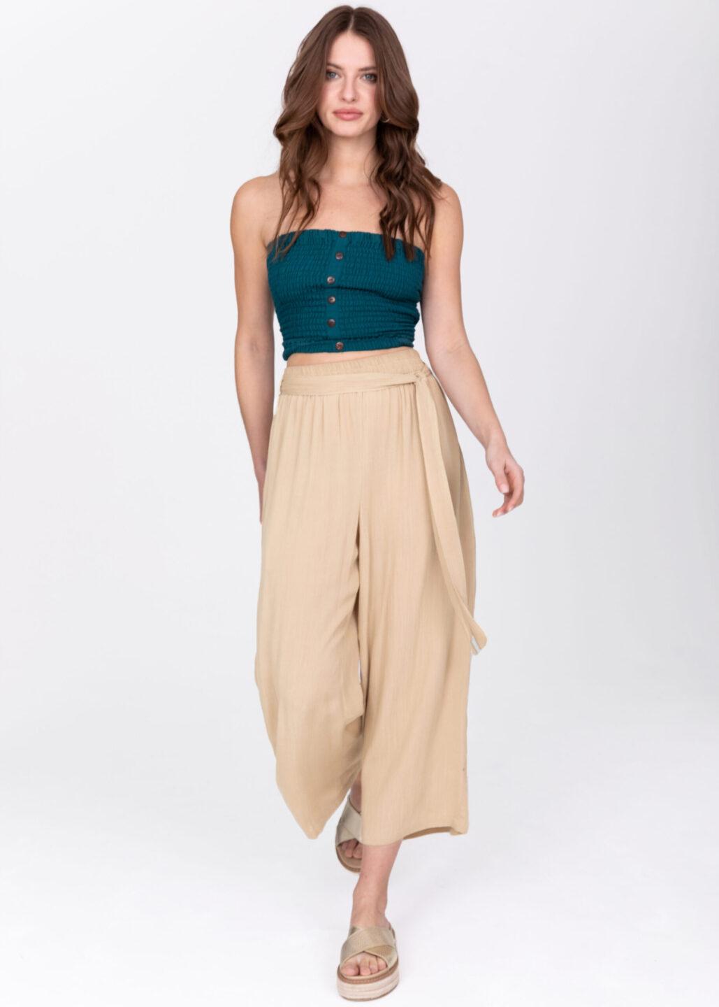 Wide Leg Crop Summer Trousers in Crinkle Bisucuit Beige - likemary
