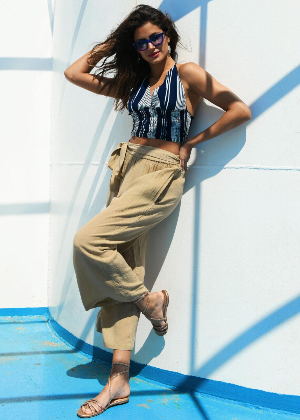 Wide Leg Crop Summer Trousers in Crinkle Bisucuit Beige - likemary