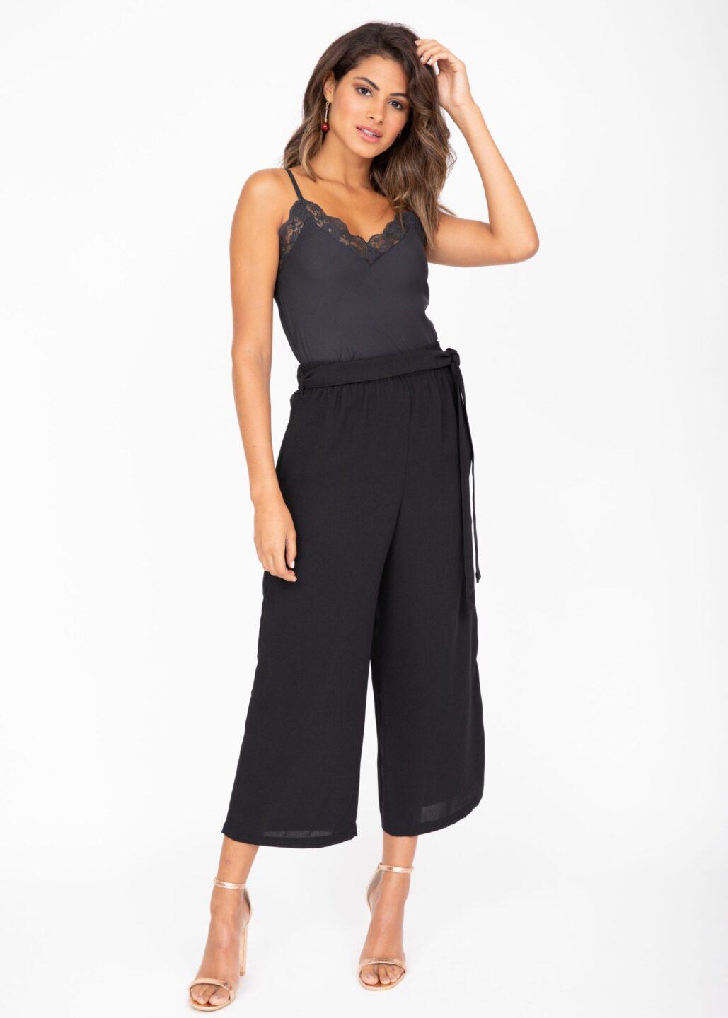 Wide Leg Culottes in Black Polka Dots Print - likemary
