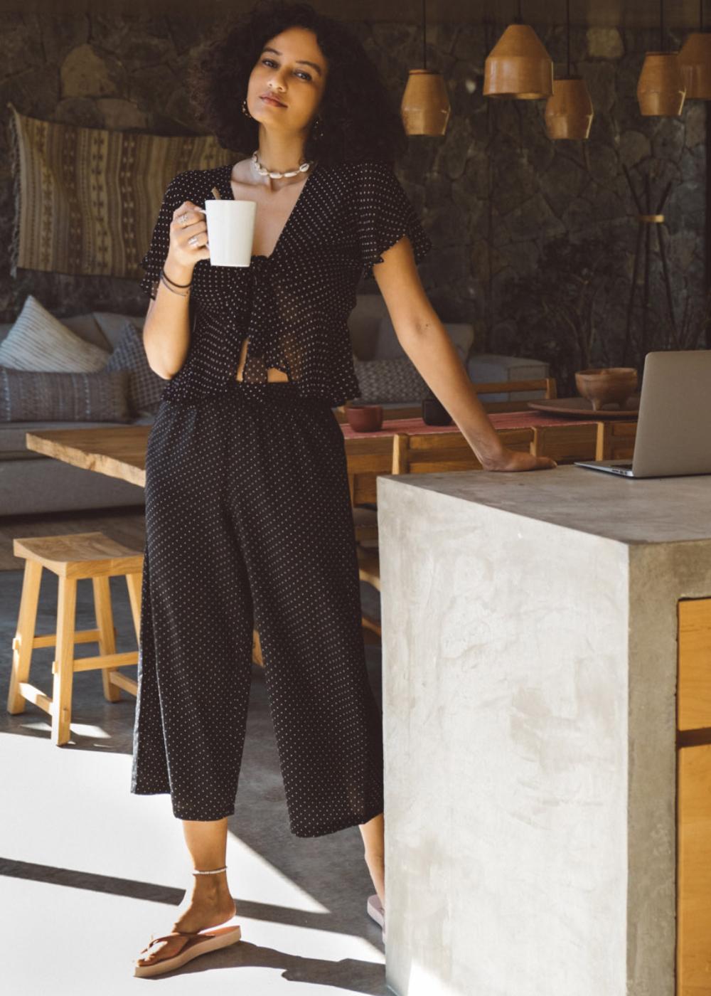 Wide Leg Culottes in Black Polka Dots Print - likemary
