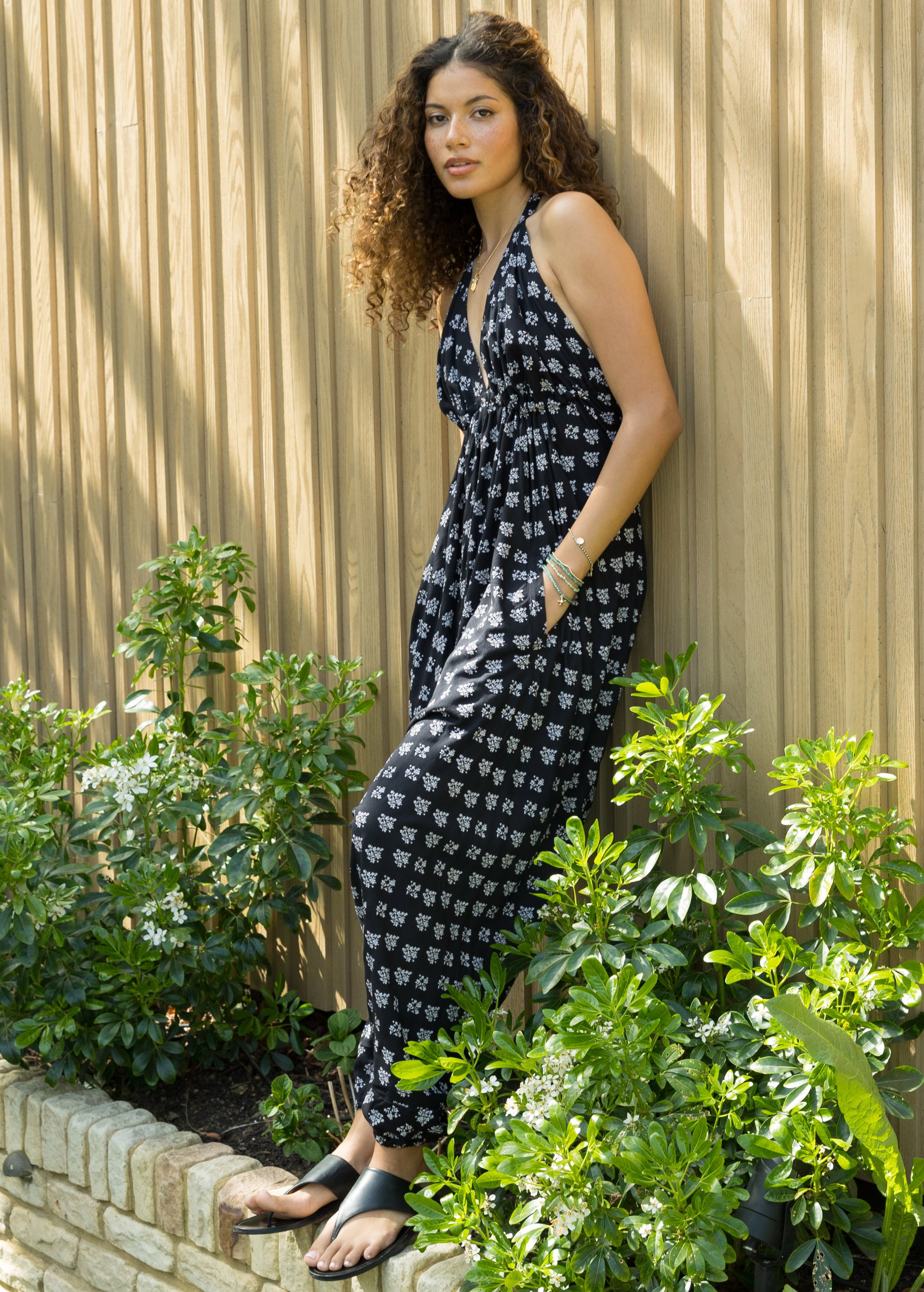 Black Fleurs Halter Harem Jumpsuit
