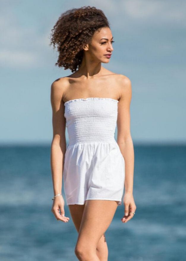 2 in 1 Cotton Bandeau Playsuit and Shorts White - likemary