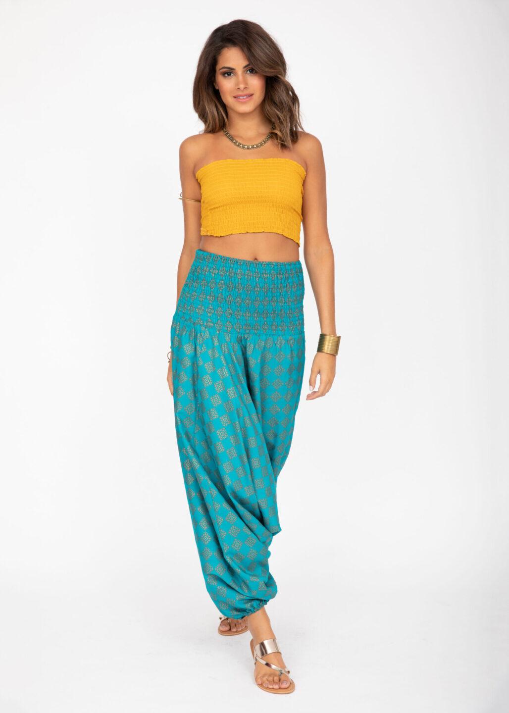2 in 1 Harem Trousers and Bandeau Jumpsuit Turquoise and Gold Applique - likemary