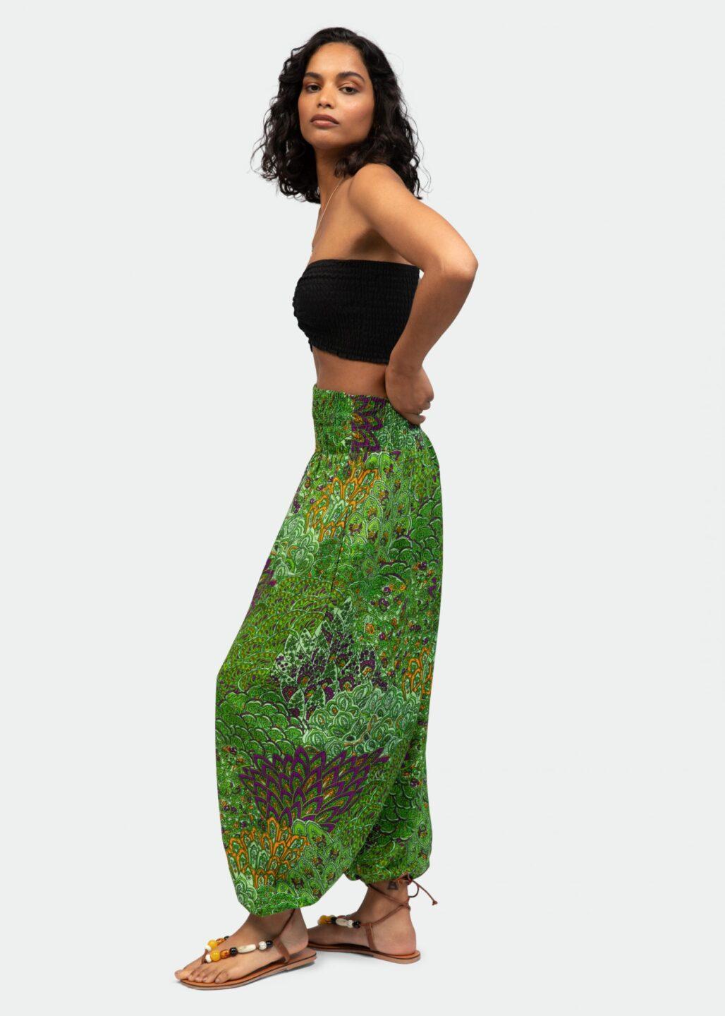 2 in 1 Harem Trousers/Bandeau Jumpsuit in Green Peacock Print - likemary