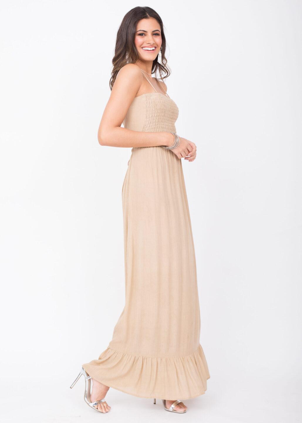 Bandeau Maxi Dress – Biscuit Beige with Adjustable Tie Back - likemary