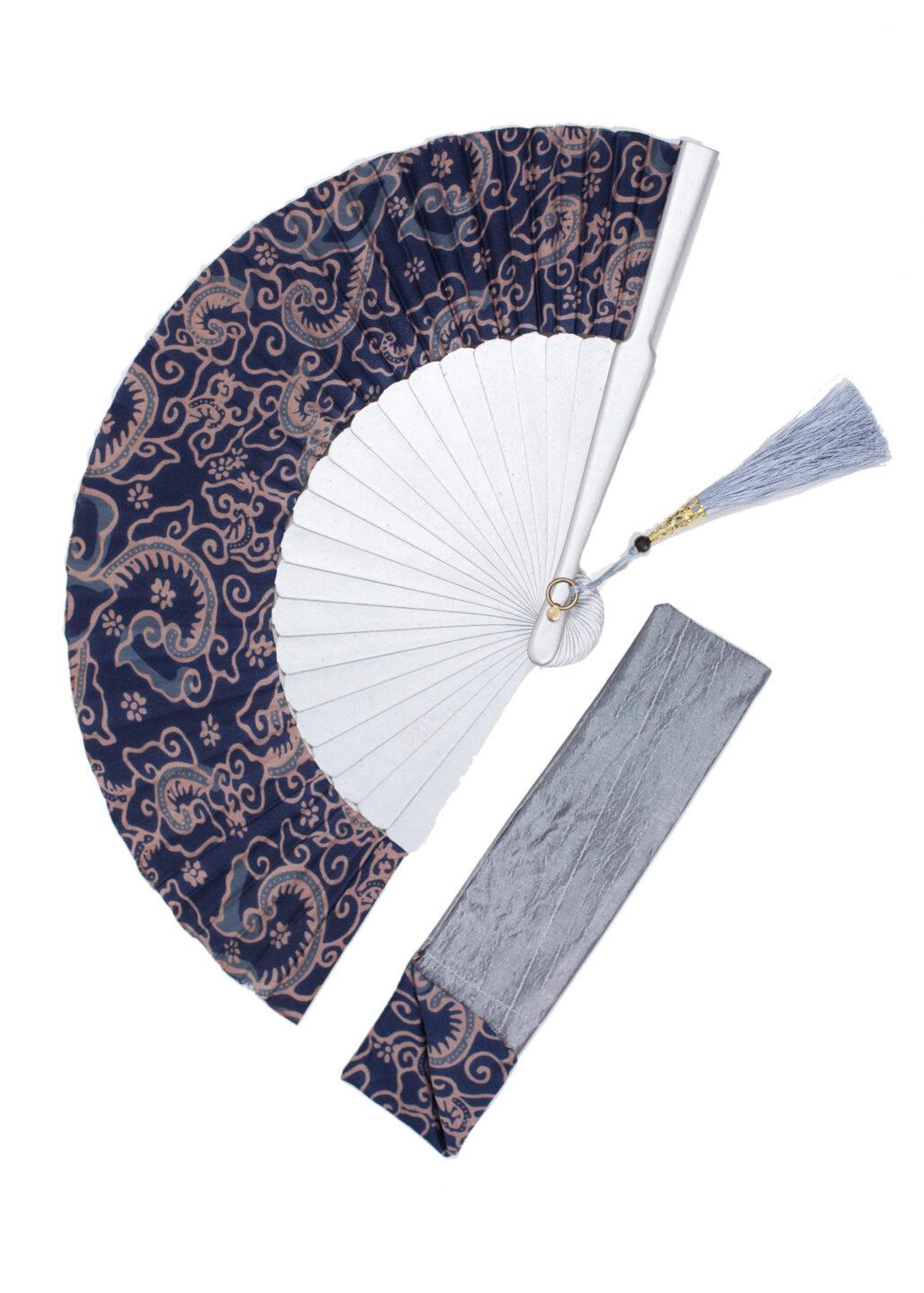 Batik Silk Fan Blue & Silver Design
