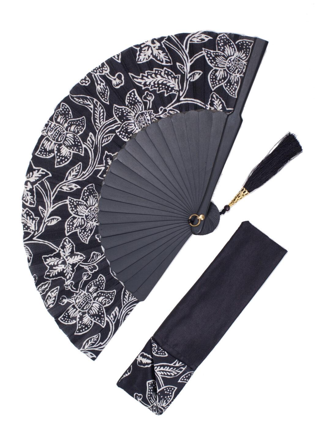 Batik Silk Fan Black Floral Design