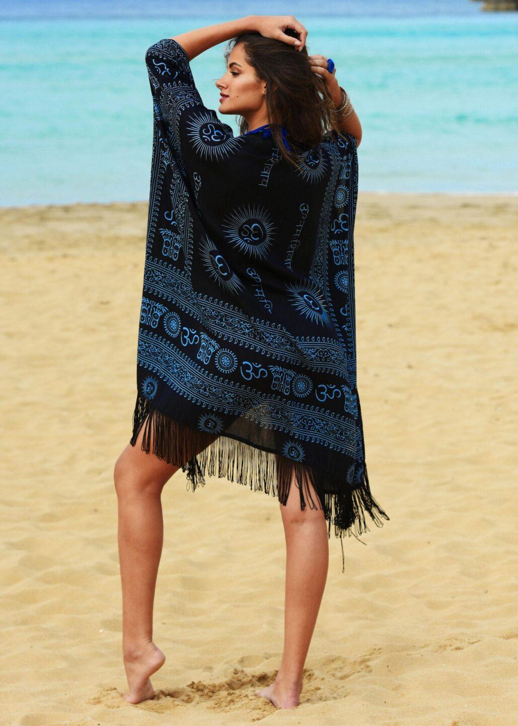 Black kimono cover up with om print and fringe detail, relaxed beach cover up for holidays