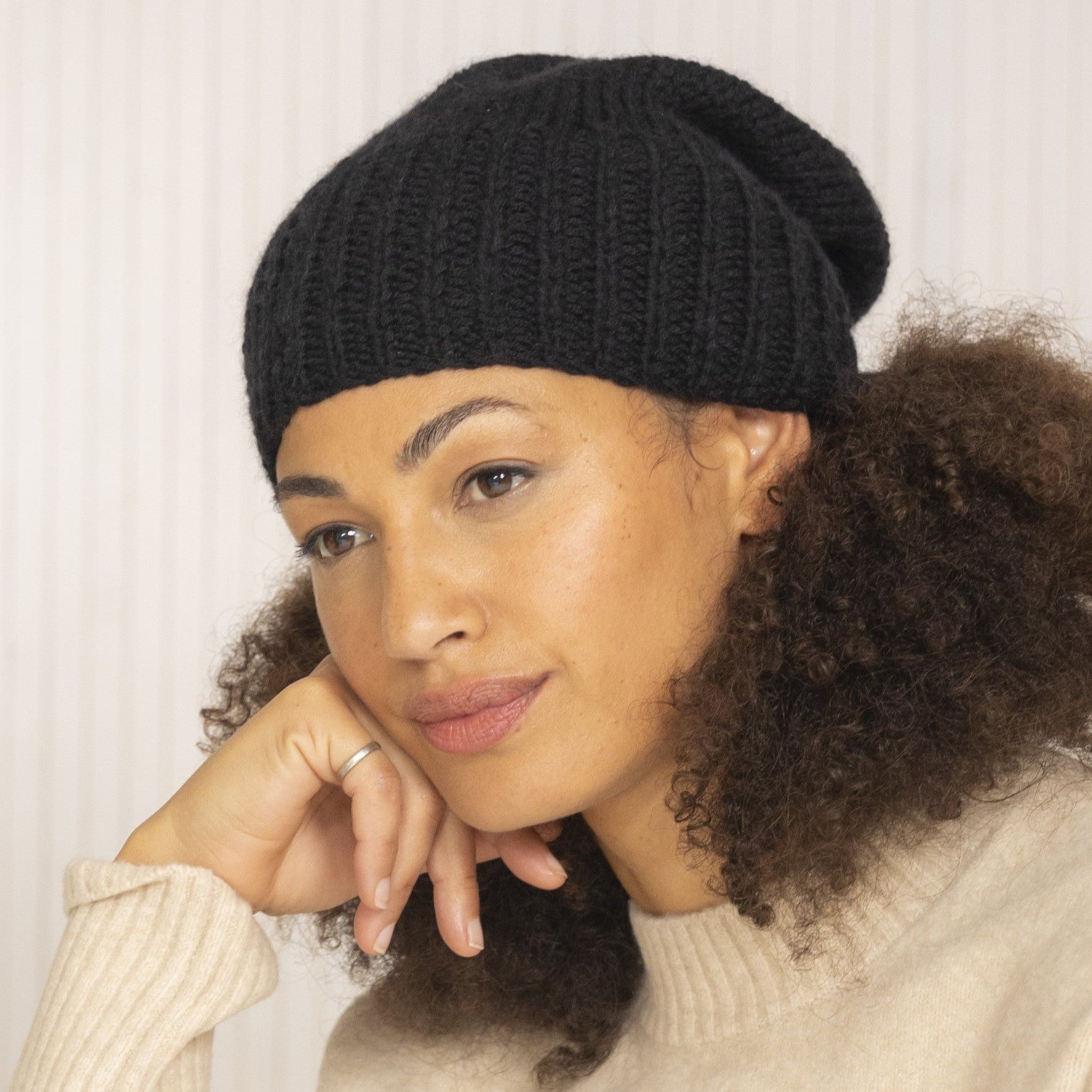 Black Merino Wool Slouchy Beanie - Ethically Handmade